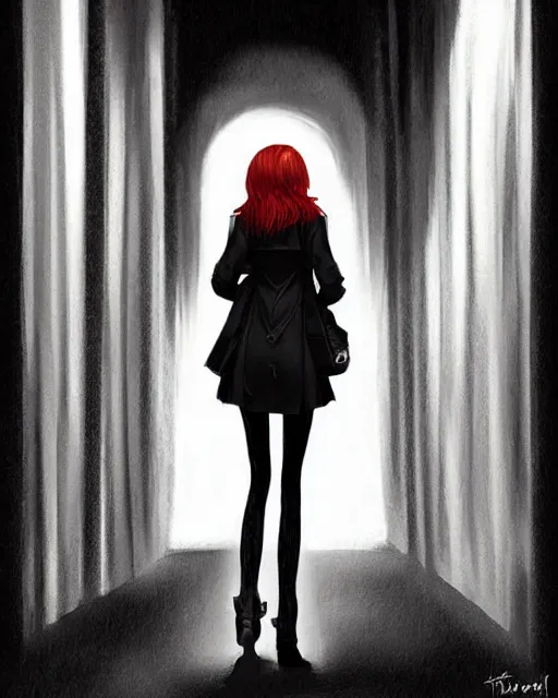 Prompt: A ultradetailed beautiful portrait painting of a mysterious redhaired woman in a trenchcoat walking towards me in a dark alley at night. concept art, trending on deviantart, film noire, Ilya Kuvshinov.