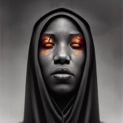 Image similar to a portrait of a young black woman wearing a long dark cloak, hood and shadows covering face, anatomically correct, beautiful perfect face, enigmatic, oil painting, matte painting, black background, Volumetric dynamic lighting, Highly Detailed, Cinematic Lighting, Unreal Engine, 8k, HD, by Beksinski