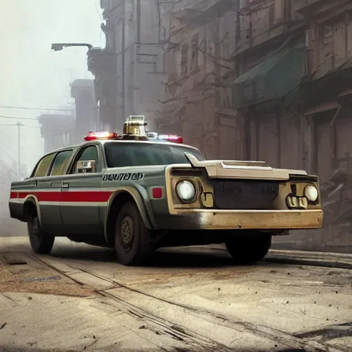 Prompt: a highly detailed epic cinematic concept art CG render digital painting artwork: dieselpunk Soviet 1980s police patrol car. By Greg Rutkowski, Ilya Kuvshinov, WLOP, Stanley Artgerm Lau, Ruan Jia and Fenghua Zhong, trending on ArtStation, subtle muted cinematic colors, made in Maya, Blender and Photoshop, octane render, excellent composition, cinematic atmosphere, dynamic dramatic cinematic lighting, precise correct anatomy, aesthetic, very inspirational, arthouse