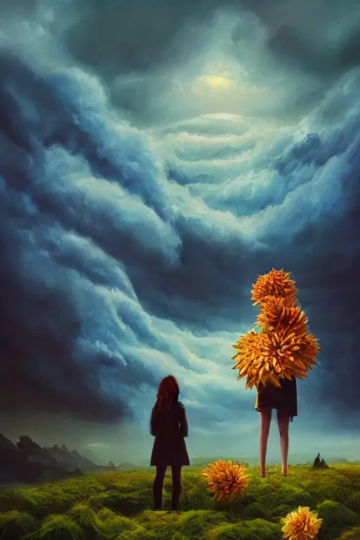 Image similar to closeup giant dahlia flower as head, girl standing on mountain, surreal photography, blue storm clouds, dramatic light, impressionist painting, digital painting, artstation, simon stalenhag