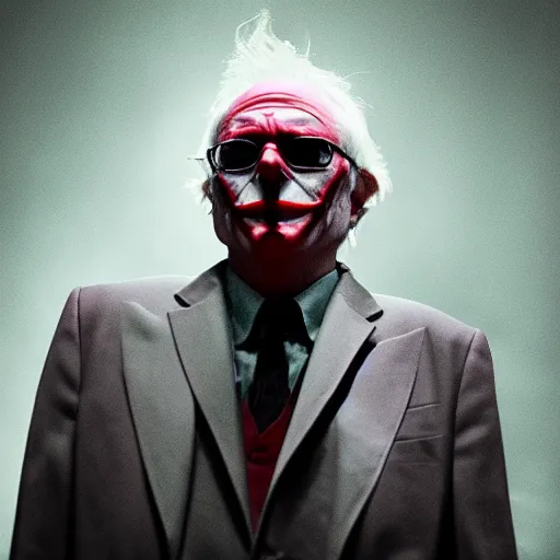 Image similar to stunning awe inspiring bernie sanders dressed as the joker movie still 8 k hdr atmospheric lighting