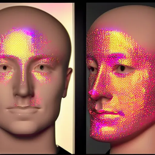 Image similar to a 3d human head made up of shiny holograms