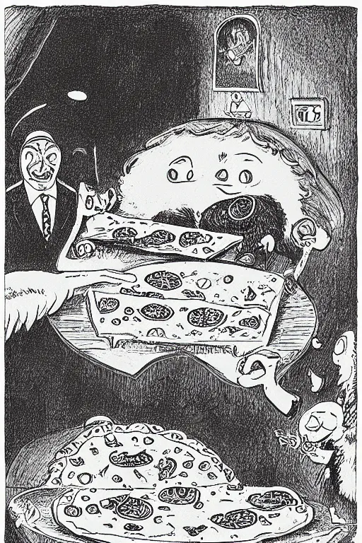 Image similar to a funeral for a pizza, by maurice sendak