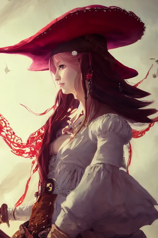 Prompt: highly detailed portrait of a young pirate princess with a wavy vibrant red hair, white lace dress, tricorn hat, cinematic lighting, dramatic atmosphere, by Dustin Nguyen, Akihiko Yoshida, Greg Tocchini, Greg Rutkowski, Cliff Chiang, 4k resolution, nier:automata inspired, bravely default inspired, pirate ship background