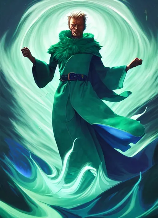 Image similar to style artgerm, joshua middleton, clint eastwood as a mage wearing green pelt robes, blue hair, swirling water cosmos, fantasy, dnd, cinematic lighting