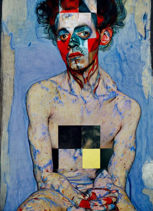 Image similar to portrait of an harlequin sitting on a stool, by vincent lefevre, egon schiele and hernan bas and pat steir and hilma af klint, psychological, photorealistic, symmetrical face, dripping paint, washy brush, rendered in octane, altermodern, masterpiece