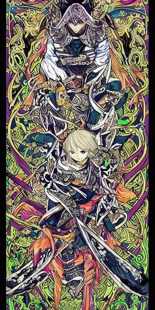 Prompt: a ninja from final fantasy 14, intricate, amazing line work, cosmic, psychedelic, cheerful, colorful, tarot cards, the devil tarot card