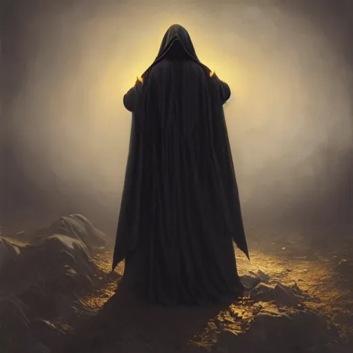 Image similar to a portrait of a young woman wearing a long dark cloak, hood and shadows covering face, holding golden chains, oil painting, matte painting, black background, Volumetric Golden dappled dynamic lighting, Highly Detailed, Cinematic Lighting, Unreal Engine, 8k, HD, by Beksinski