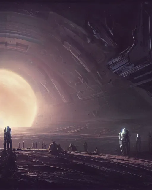 Image similar to A matted painting of humanoid Aliens of the Sun on a spaceship environment with expansive views of space, inspired by greg rutkowski and Keith Mallett and felix kelly, digital art, insanely detailed extremely moody lighting, glowing light and shadow, atmospheric, shadowy, cinematic