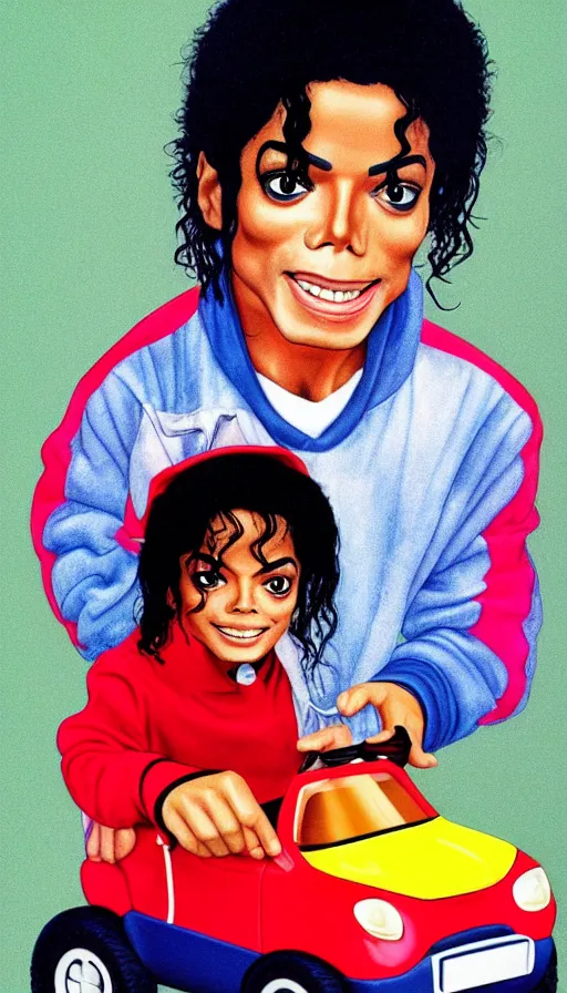 Image similar to michael jackson in a little tikes cozy coupe 1 9 8 9. portrait by jean giraud and anton otto fischer