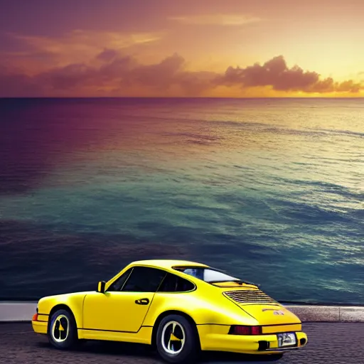 Image similar to a yellow 1 9 8 5 porsche 9 1 1 turbo driven half into a palm beach swimming pool, sunset, hyperreal, 4 k