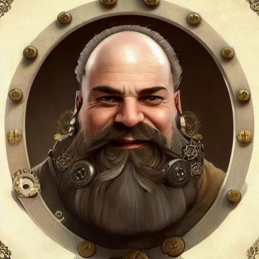 Image similar to Three quarters vintage portrait of a bald male steampunk dwarf with long brown beard, highly detailed, digital painting, art by Stanley Lau and Artgerm and magali villeneuve and Alphonse Mucha, artstation, octane render, cgsociety