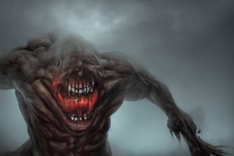 Prompt: a giant screaming titan made of muscles and flesh, very angry, misty, foggy, ambient light, terror, glows, realistic, photo-realism, hyper realism, picture,