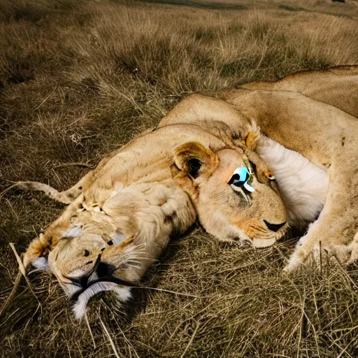 Prompt: nature photography of a lion laying down next to a lamb laying in a field together, paradise, beautiful, miraculous, magical, stunning, golden ratio, f32, well composed, cohesive