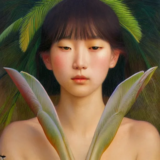 Image similar to a ultradetailed beautiful painting of a german japanese girl in amazonas by hsiao ron cheng, ngai victo, nivanh chanthara jean delville wlop and dougherty patrick, trending on artstation, mediterranean, palm trees, light sparkles, major arcana sky, sharp focus, soft light