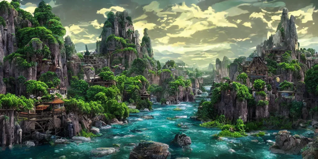 Image similar to beautiful and immersive magical town, magical buildings, bioluminescent forest surrounding, gentle rivers flowing through town, award - winning - anime style - cinematic lighting, dramatic lighting, hdr, 4 k, stunning and beautiful view - unbelievably amazing - highly detailed, hyperrealistic, in the style of kingdom hearts and avatar, 3 d - unreal engine 5, anime visuals