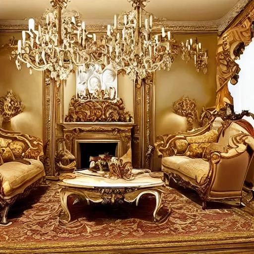 Prompt: Baroque style living room with a sofa made of swiss cheese