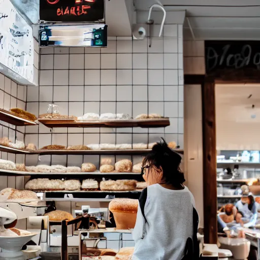 Prompt: hybrid of a latte and a toilet, fresh bakeries in the background, in a bright cafe, 3 5 mm, f 1. 8