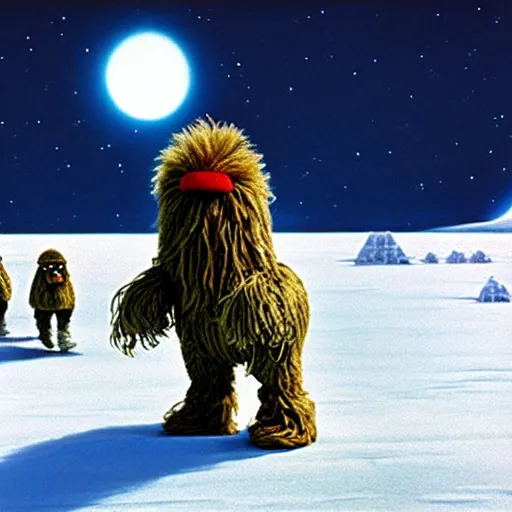 Image similar to Mr. Snuffleupagus walking along the planet Hoth