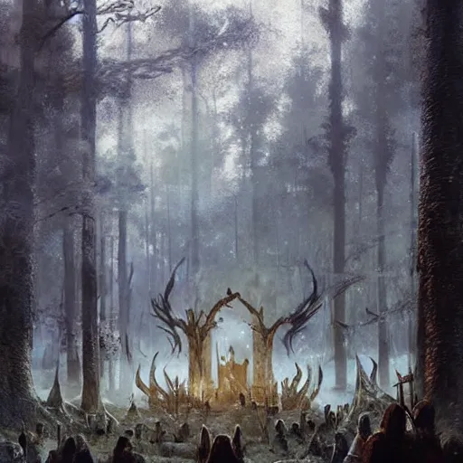 Prompt: ancient viking ceremony where forest spirits and shamans in masks emerge from the twilight woods, epic fantasy style art by craig mullins, fantasy epic digital art, epic fantasy card game art by greg rutkowski