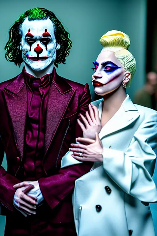 Image similar to joaquin phoenix joker with harley queen lady gaga, photorealistic, smooth, 4 k, aesthetic lighting, baroque object, sharp focus, hyperdetailed, professional photography, pullitzer winning, 8 0 0 photo by : canon eos 5 d mark iv, by karah mew and adnan abidi and jodie bateman