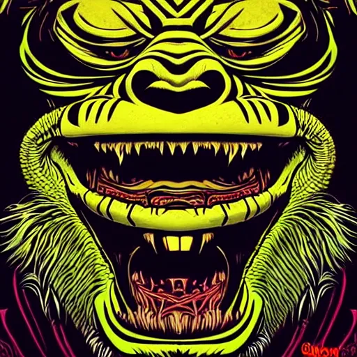 Image similar to barong family member, wiwek, mara demon, one single tribe member, jungle, one single mask, dark, ancient warrior, maniacally laughing grumpy gorilla, lizard, tribal, inner glow, art by dan mumford and justin gerard