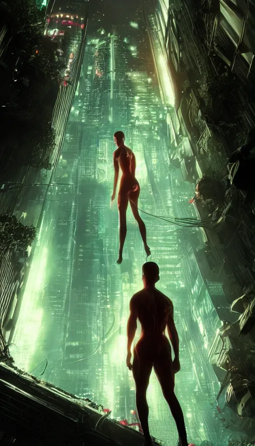 Prompt: altered carbon, adam and eve, neon, dreamy vibe, lord of the rings, matrix, fame of thrones, fibonacci, sweat drops, insane intricate, highly detailed, cinematic, atmospheric. digital painting, artstation, concept art, smooth, sharp focus, illustration, unreal engine 5, 8 k, art by laura sava