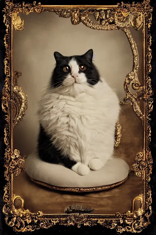 Image similar to a magnificent tintype portrait of a fluffy fat cat on an embroidered velvet cushion on a neo - rococo gilded little bed with precious stones, balls of yarn, by david lachapelle, photorealistic, photography, wide shot