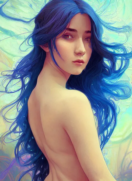 Image similar to handsome young women with shoulder length blue hair, half body shot, path traced, highly detailed, high quality, digital painting, alena aenami, lilia alvarado, shinji aramaki, karol bak, alphonse mucha, tom bagshaw