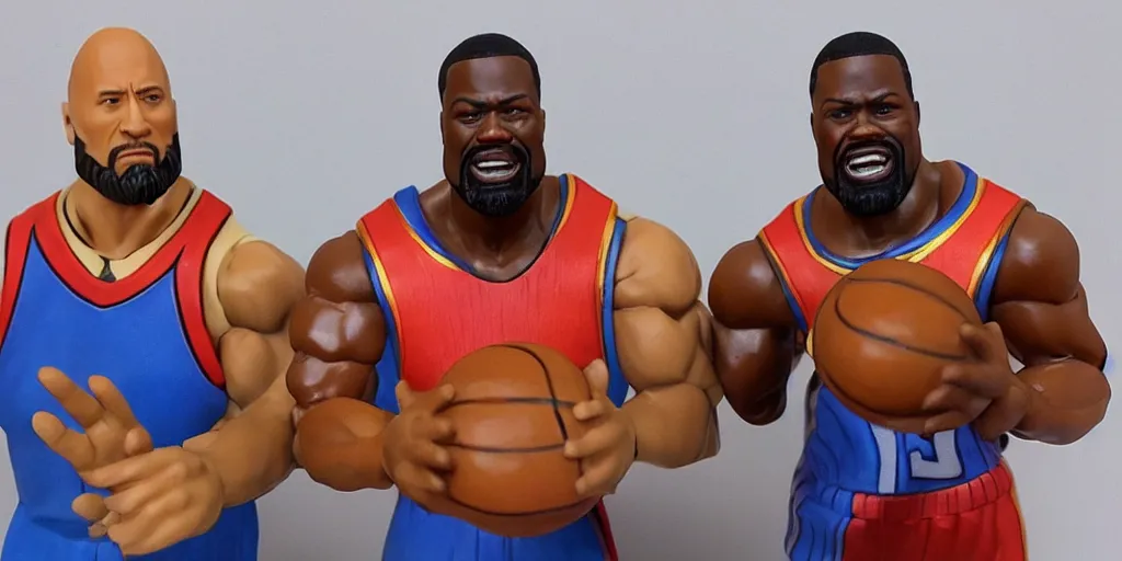 Image similar to wax figurines of Dwayne Johnson and Kevin Hart playing basketball