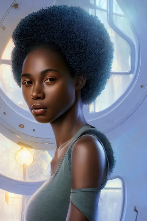 Prompt: beautiful and enigmatic afro american girl held captive in a remote research facility. vulnerability and innocence, ultra realistic, sharp details, subsurface scattering, intricate details, warm lighting, beautiful features, highly detailed, photorealistic, octane render, 8 k, unreal engine, art by artgerm and greg rutkowski and alphonse mucha