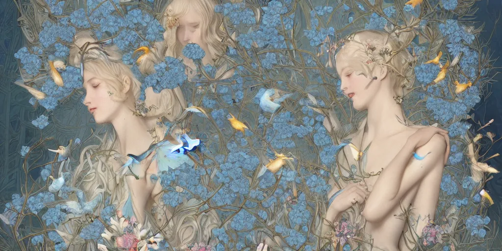 Image similar to breathtaking detailed concept art painting art deco pattern of blonde faces goddesses amalmation light - blue flowers with anxious piercing eyes and blend of flowers and birds, by hsiao - ron cheng and john james audubon, bizarre compositions, exquisite detail, extremely moody lighting, 8 k