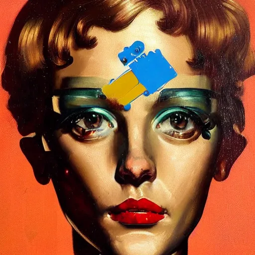 Image similar to portrait of a female android painted by Norman Rockwell and Sandra Chevrier