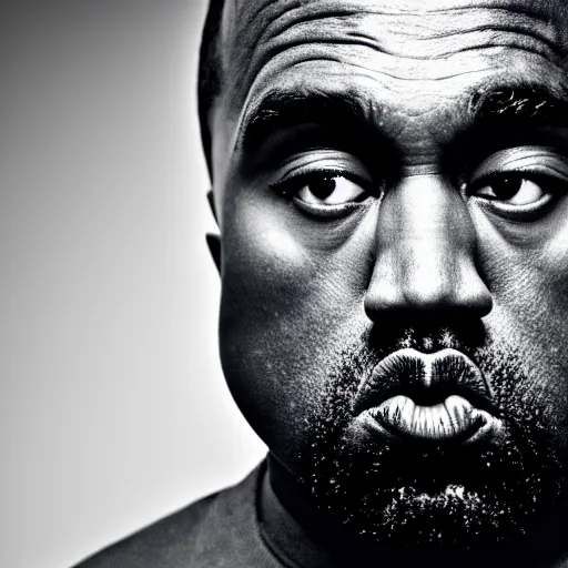 Image similar to 4 k editorial photograph of down syndrome kanye west, sharp focus, soft lighting, edge lighting, studio portrait, 1 3 mm film color grading