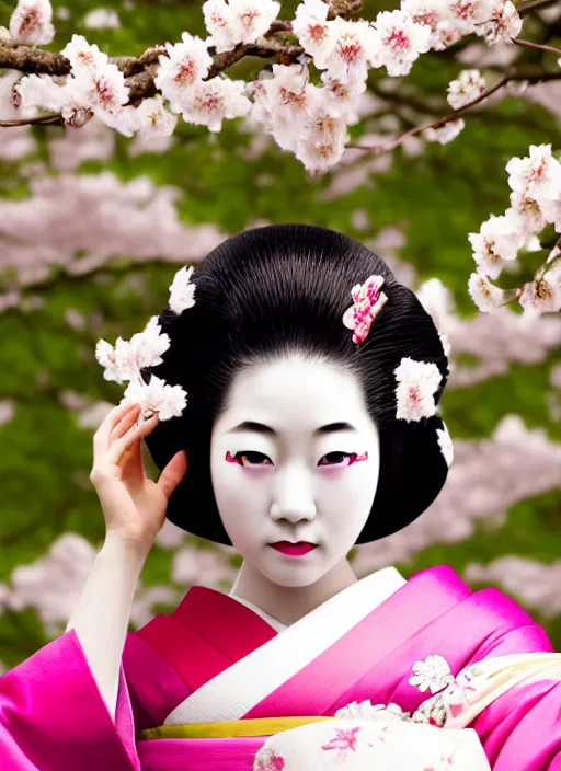 Prompt: Beautiful Japanese geisha close up portrait shot, 1920s geisha, young woman, in color, half body photo, upper body, traditional geisha clothing, geisha makeup, geisha hairstyle, hyper realistic, 8k, trending, professional photography, cherry blossom background