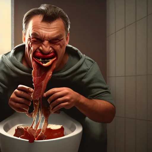 Prompt: viktor orban with detailed eyes and evil smile, sitting on the toilet and eating bacon by greg rutkowski, highly detailed, octane render, 4 k, 8 k, hdr, cgsociety, amazing lightning, masterpiece