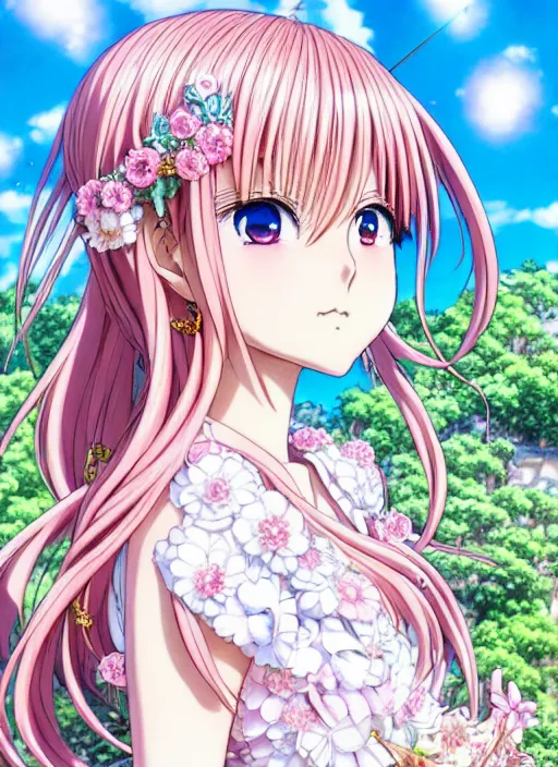 Image similar to japanese anime of a beautiful girl stand in the sunshine, pink hair, rococo dress, royally decorated crystal gemstones, symmetrical face, portrait, cute, fairy, by artgerm, takeshi obata, katsuhiro otomo, mai yoneyama, pixiv, detailed background, artstation, intricate, elegant, highly detailed, colorful, maximalist