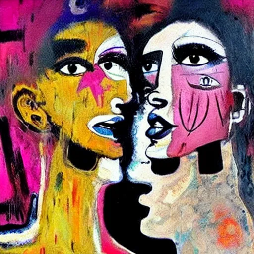 Image similar to beautiful painting of two bizarre psychedelic goth women kissing each other closeup in a cafe in japan, speculative evolution, mixed media collage by basquiat and jackson pollock, magazine collage art, sapphic art, lesbian art