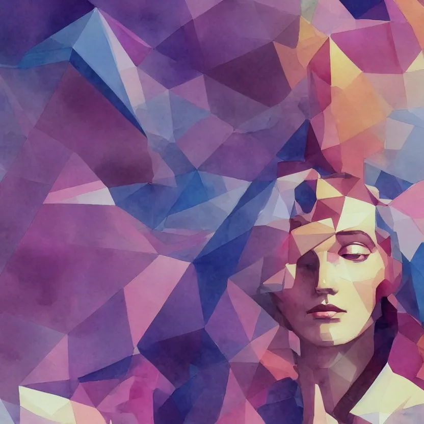 Prompt: watercolor neoclassicist sci - fi close - up portrait of a low poly geometric woman in colorful puffy cartoon clouds. reflective detailed textures. studio lighting, dark background. highly detailed fantasy science fiction painting by, moebius, norman rockwell, frank frazetta, and syd mead. high contrast. artstation