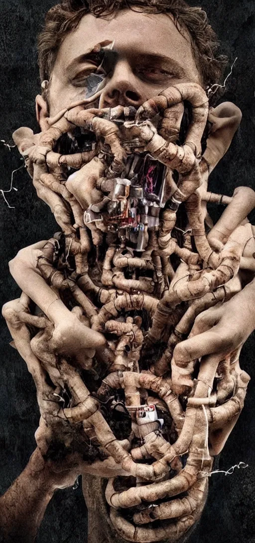 Image similar to disturbing artwork of mark zuckberg being consumed into collection of pipes and wires, body horror, dark, 4K, weird, bizarre, scary