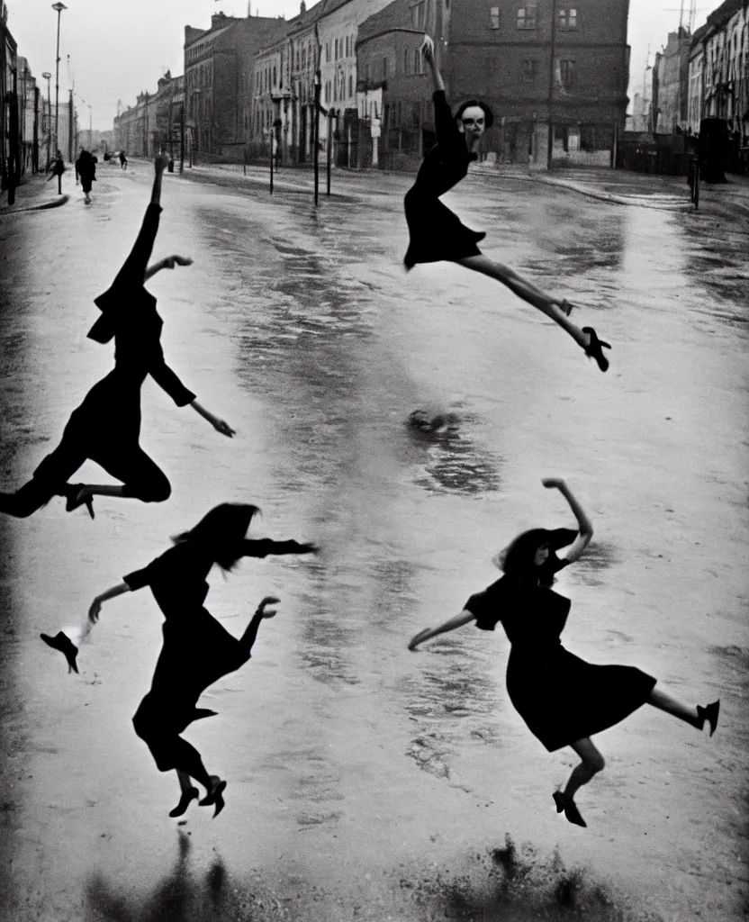 Image similar to A woman wearing a dress, long legs, leaping over a large puddle in the street, the decisive moment, photographed by Henri Cartier-Bresson on a Leica camera