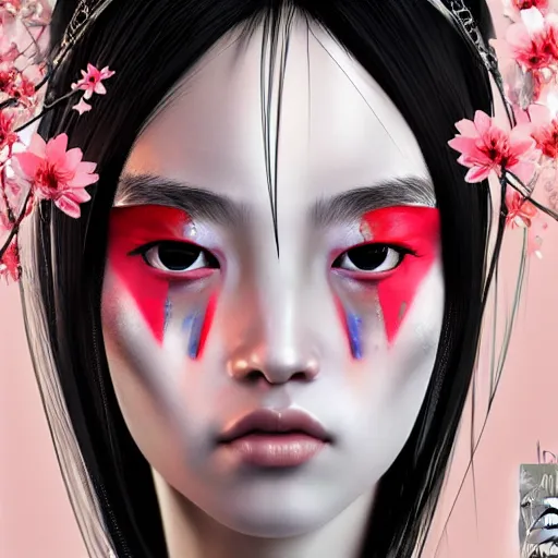 Image similar to portrait of beautiful japan cyberpunk geisha, by nick silva, ja mong, greg rutkowsky, digital, soft painting, photorealism, skin reflections