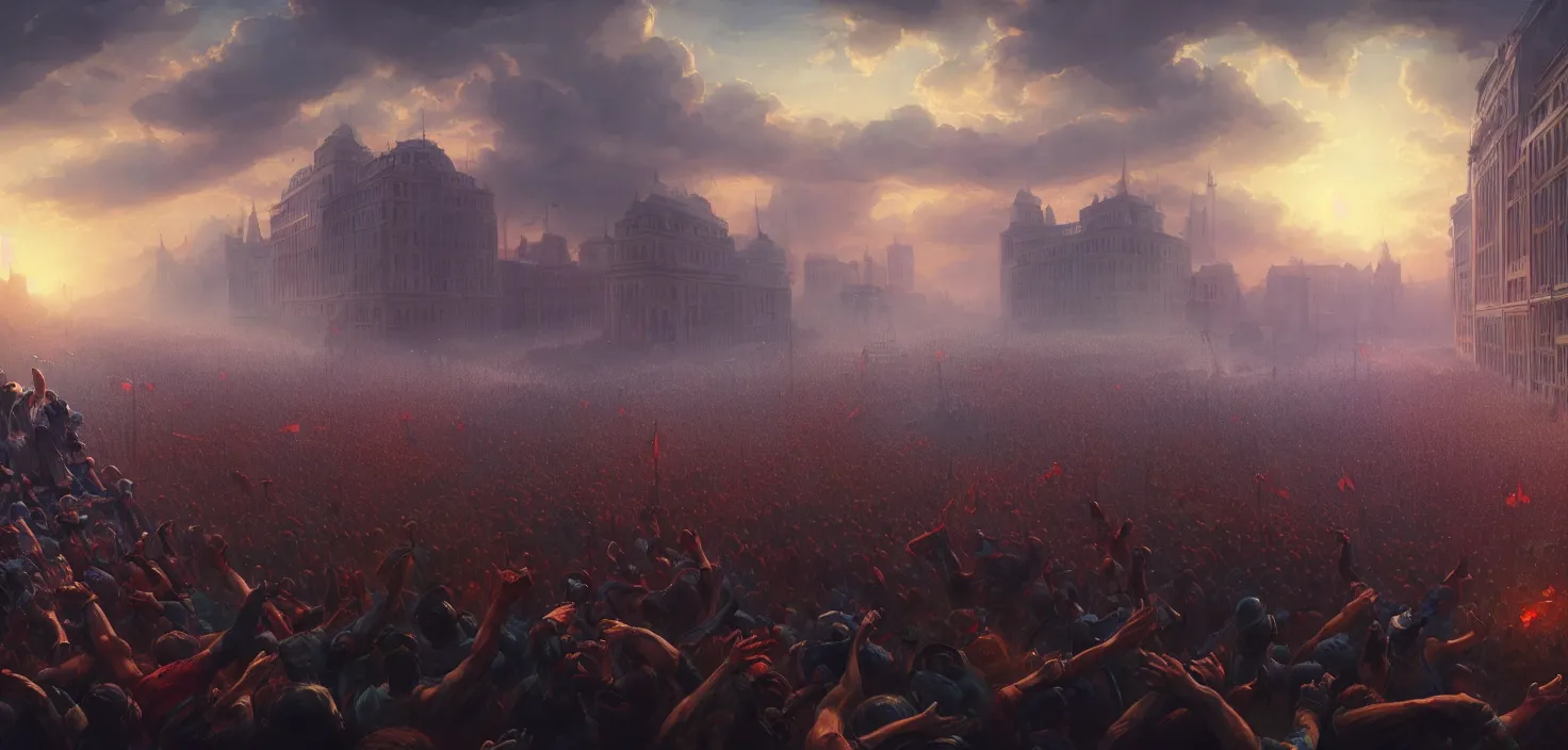 Image similar to painting of a crowd with raised arms pointing towardб demonstration, cinematic view, epic sky, detailed, concept art, low angle, high detail, warm lighting, volumetric, godrays, vivid, beautiful, trending on artstation, by jordan grimmer, huge scene, art greg rutkowski