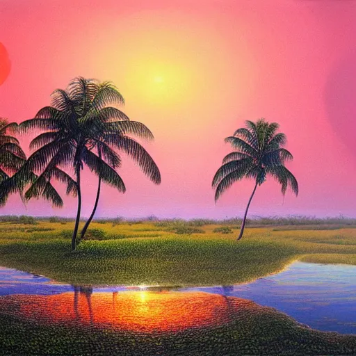 Prompt: psychedelic surreal oil painting of a sri lankan landscape at sunset, coconut trees morphing into elephants in the foreground, ocean sunset in the background, realistic oil painting by gustave dore