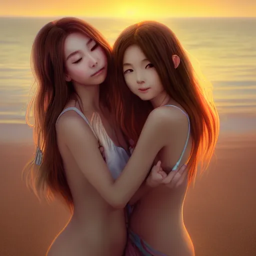 Image similar to beautiful serene intricate very detailed portrait of two anime girls taking a selfie in real life, smiling softly, relaxing on the beach, golden hour, soft focus, 8 k, art by irakli nadar, hyperrealism, hyperdetailed, ultra realistic