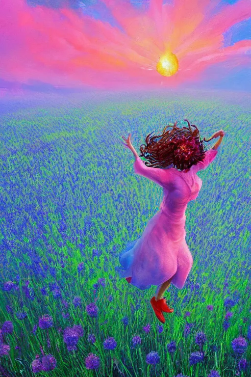 Image similar to closeup, giant flower head, girl in suit jumping in field of flowers, surreal photography, sunrise, blue sky, dramatic light, impressionist painting, digital painting, artstation, simon stalenhag