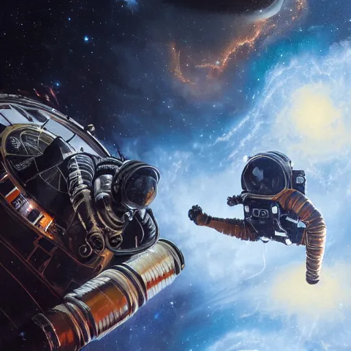 Image similar to detailed rococo painting of a black astronaut spacewalking, planets behind, symmetrical, realistic, art station nebulas, dynamic lighting, 8 k, star wars, art by greg rutkowski, kehinde wiley, alphonse muca