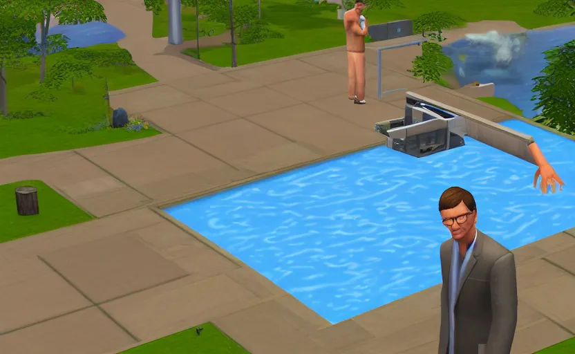 Image similar to bill gates pissing his pants in the sims 2, pc screenshot, top down zoomed in