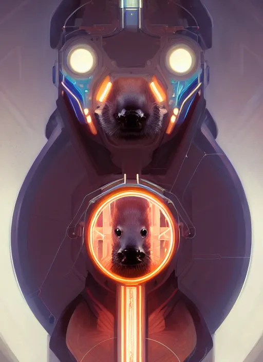 Image similar to symmetry!! portrait of a beaver, sci - fi, tech wear, glowing lights!! intricate, elegant, highly detailed, digital painting, artstation, concept art, smooth, sharp focus, illustration, art by artgerm and greg rutkowski and alphonse mucha