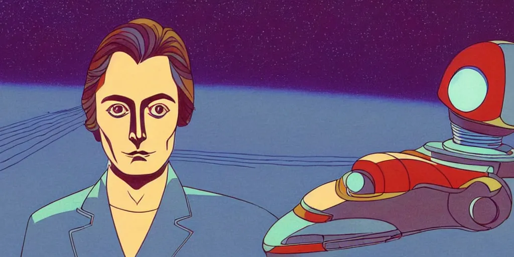 Image similar to traditional drawn colorful animation a symmetrical portrait of lonely single Alain Delon alone from 1980 80s pilot in posing in spaceship station planet captain bridge outer worlds robots extraterrestrial hyper contrast well drawn in Jean Henri Gaston Giraud animation film The Masters of Time FANTASTIC PLANET La planète sauvage animation by René Laloux